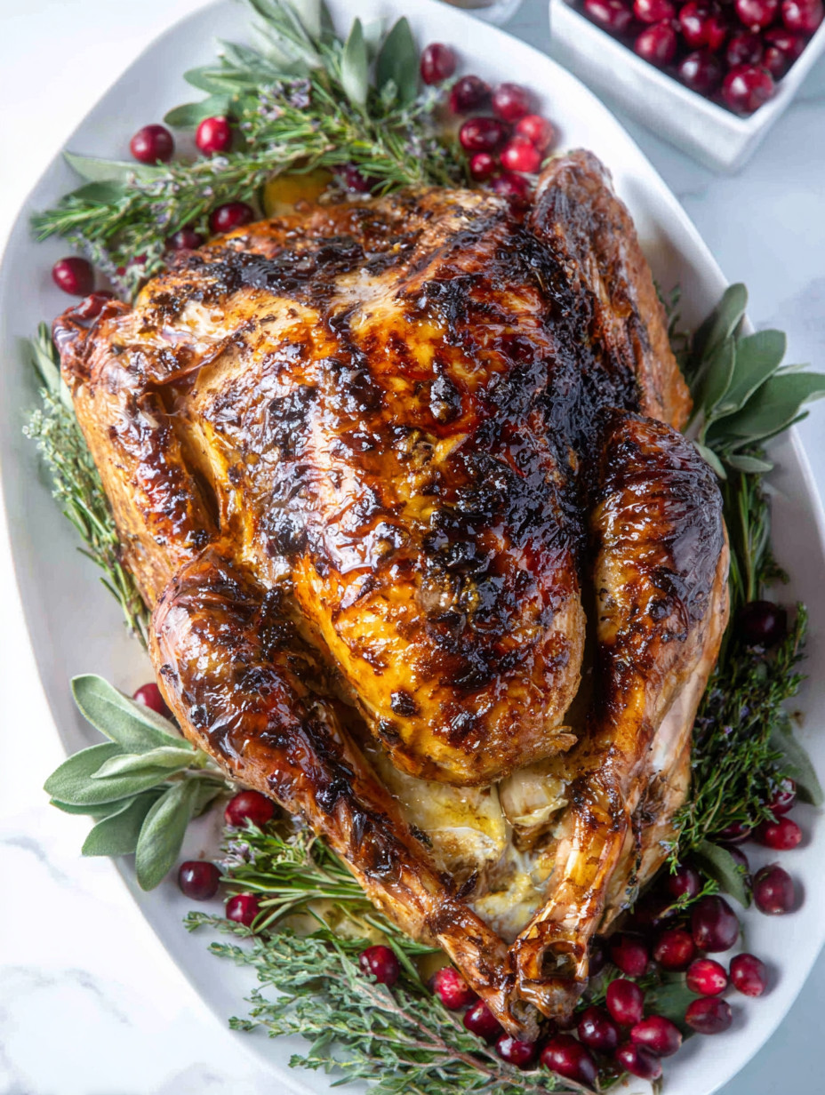 A roasted turkey with a side of cranberry sauce.