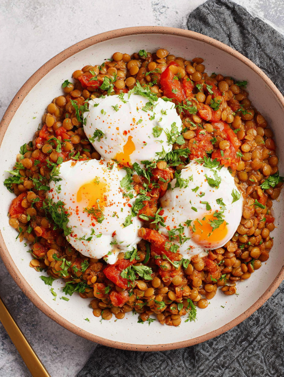 A bowl of food with eggs and beans.