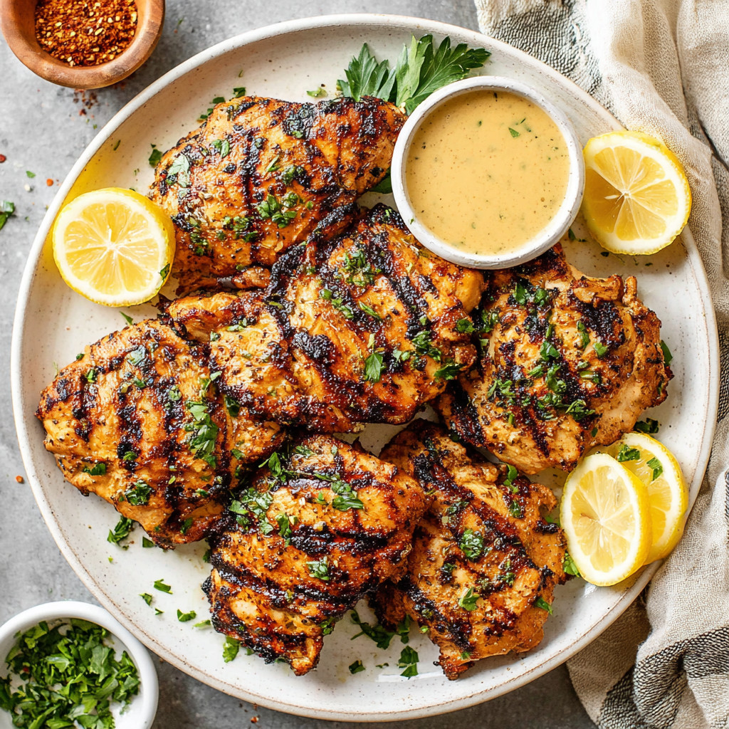 A plate of grilled chicken with lemon and herbs.