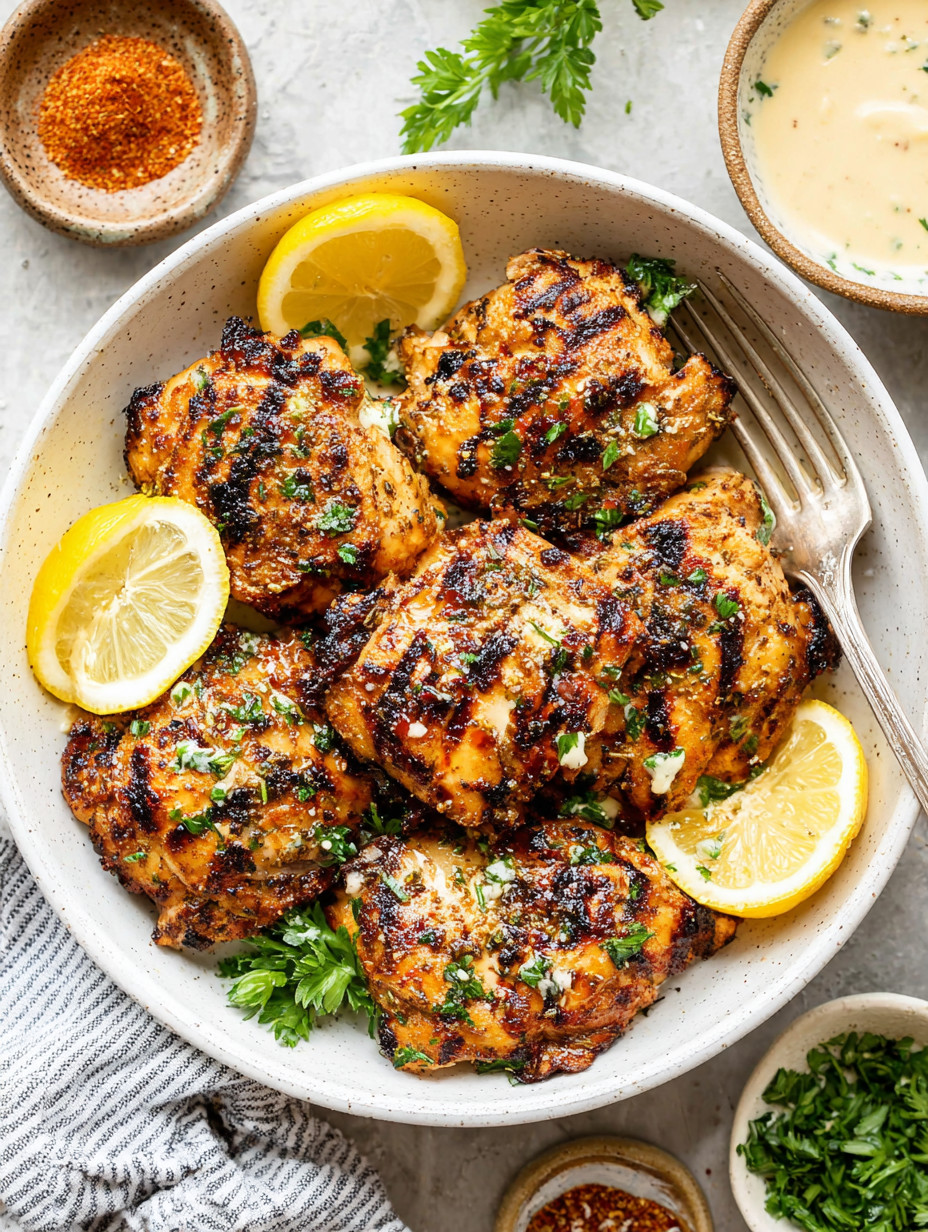 A bowl of chicken with lemon slices on top.