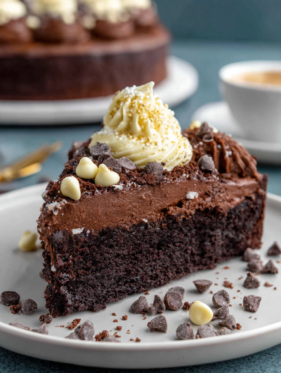 A slice of chocolate cake with white frosting.