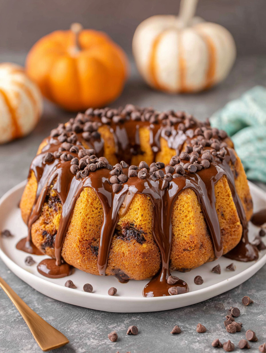 A chocolate cake with chocolate drizzle and chocolate chips.