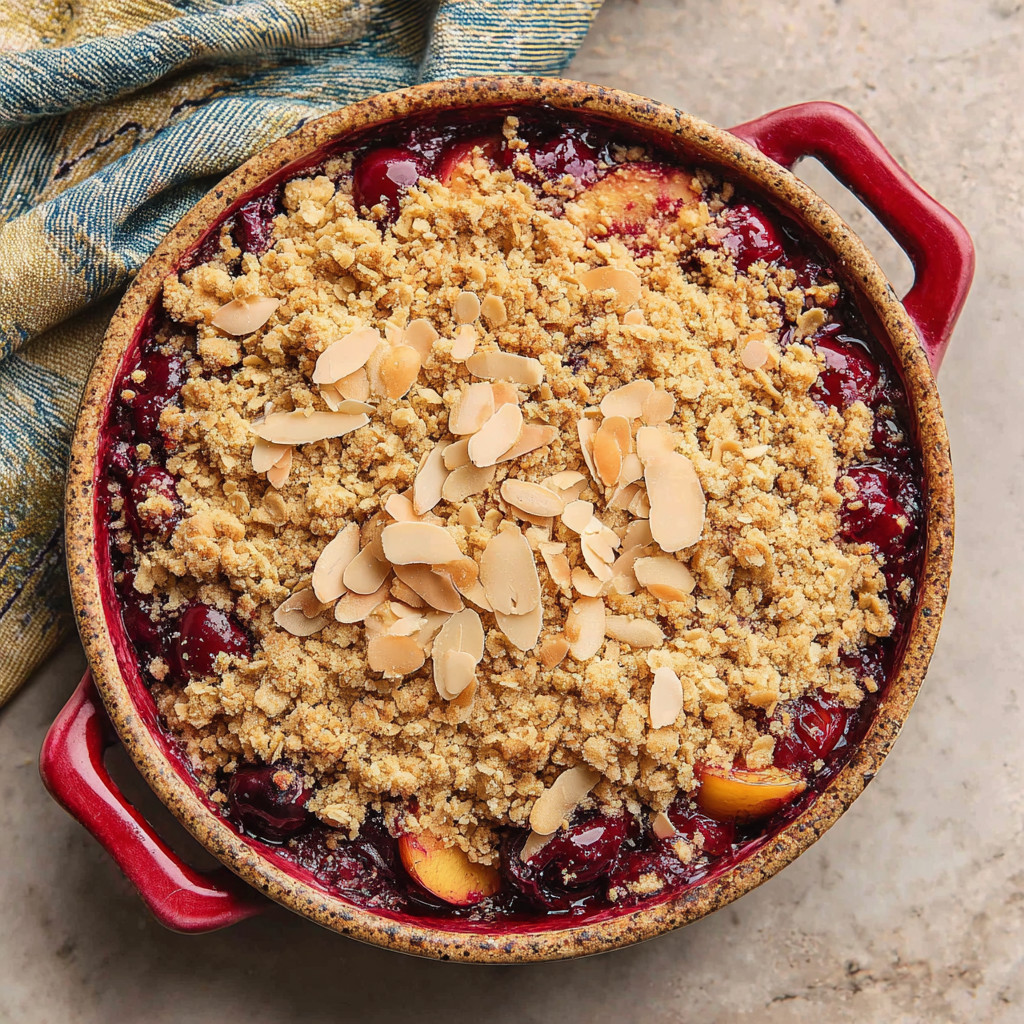 A bowl of fruit with almonds on top.