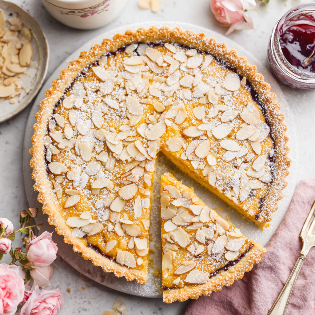 A slice of pie with almonds on a plate.