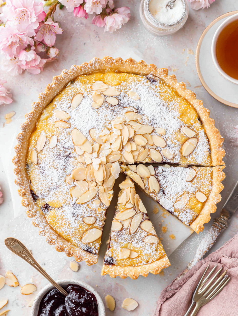 A slice of pie with almonds on top.