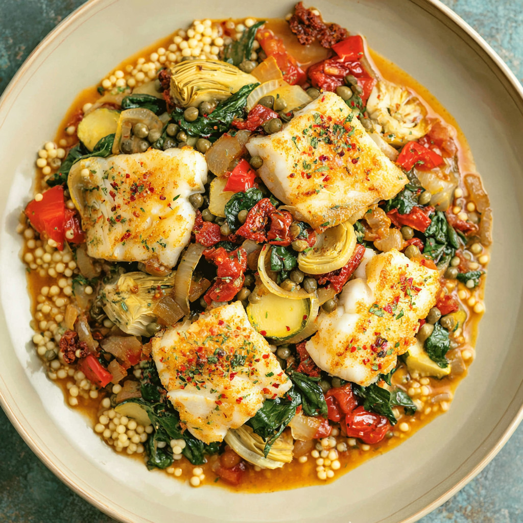 A plate of fish and vegetables.