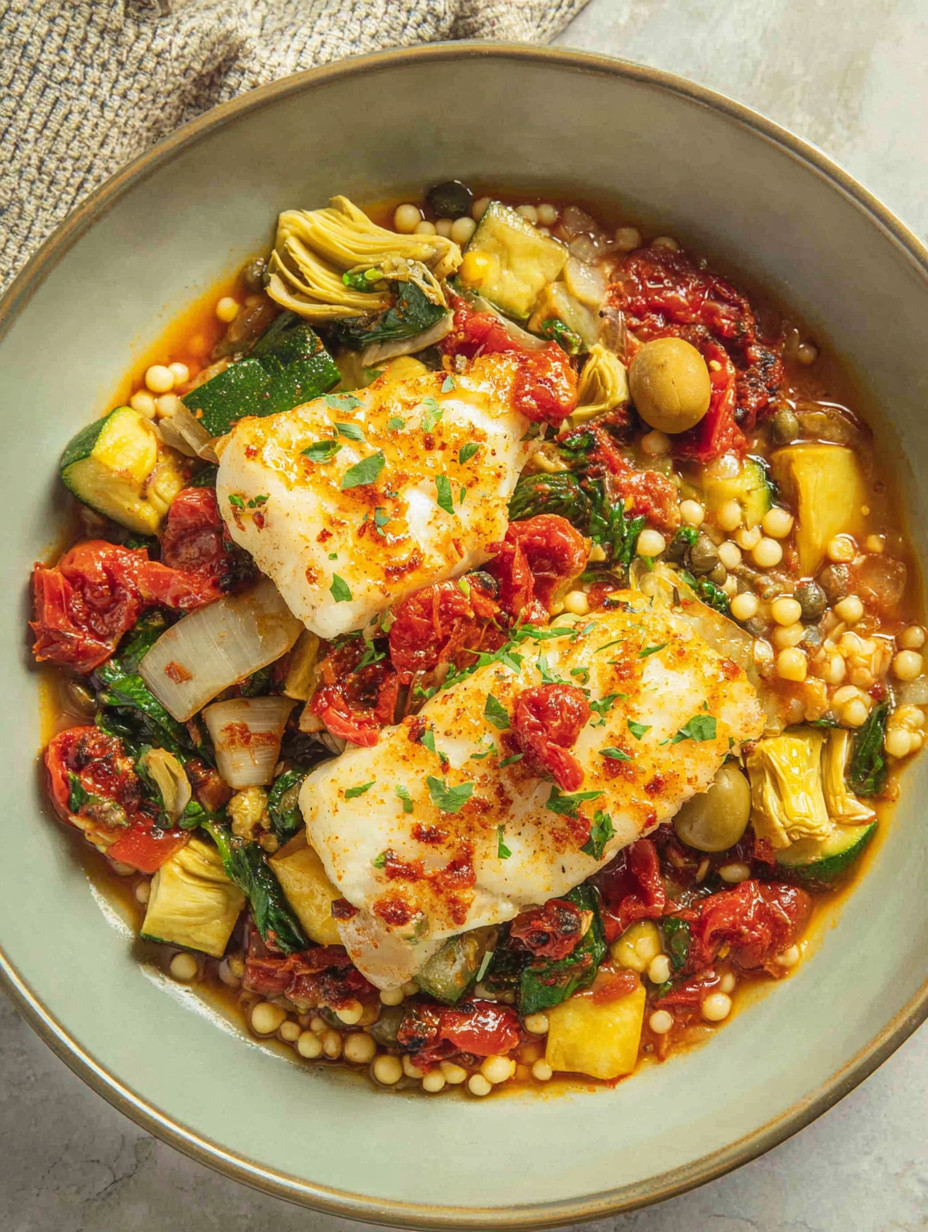 A bowl of fish and vegetables.