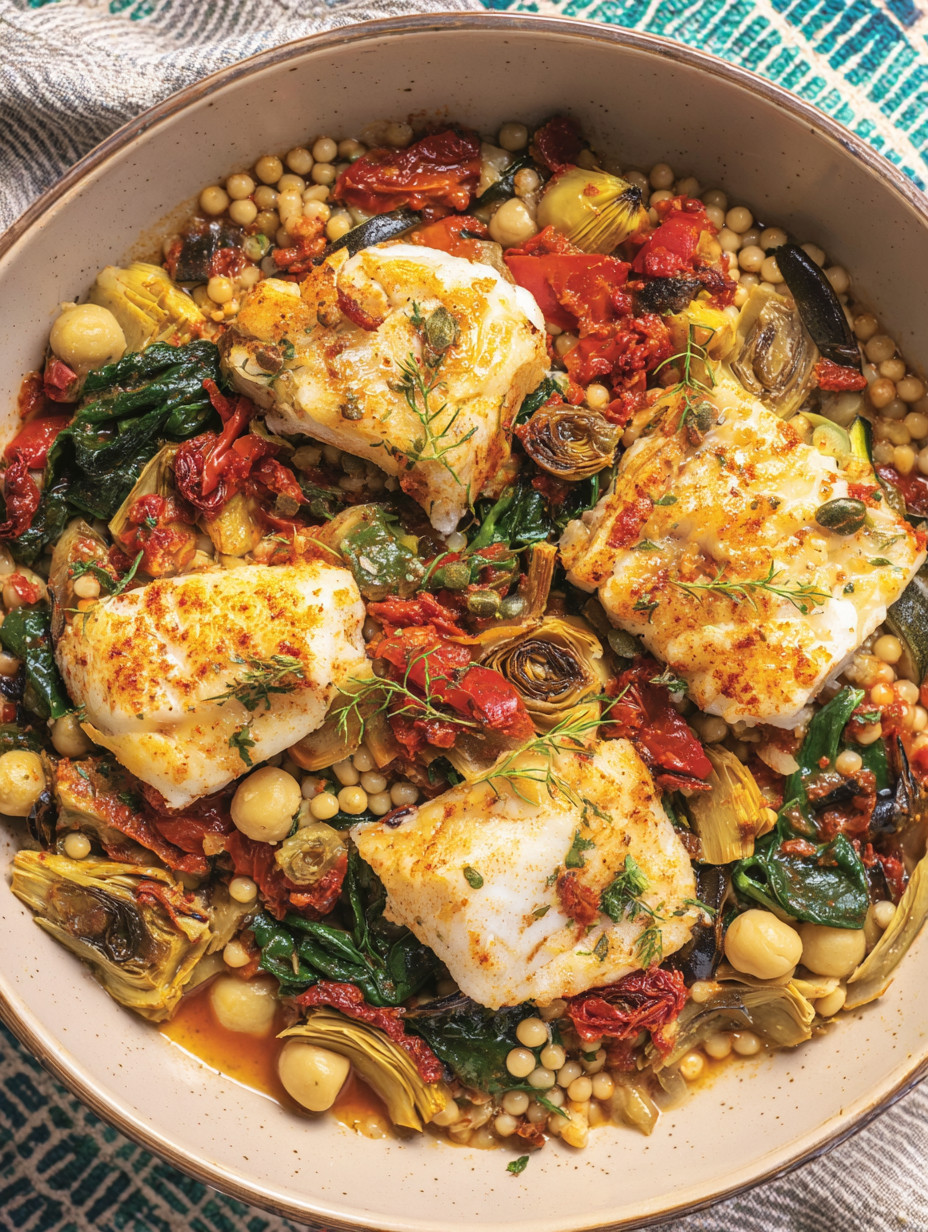 A bowl of fish and vegetables.