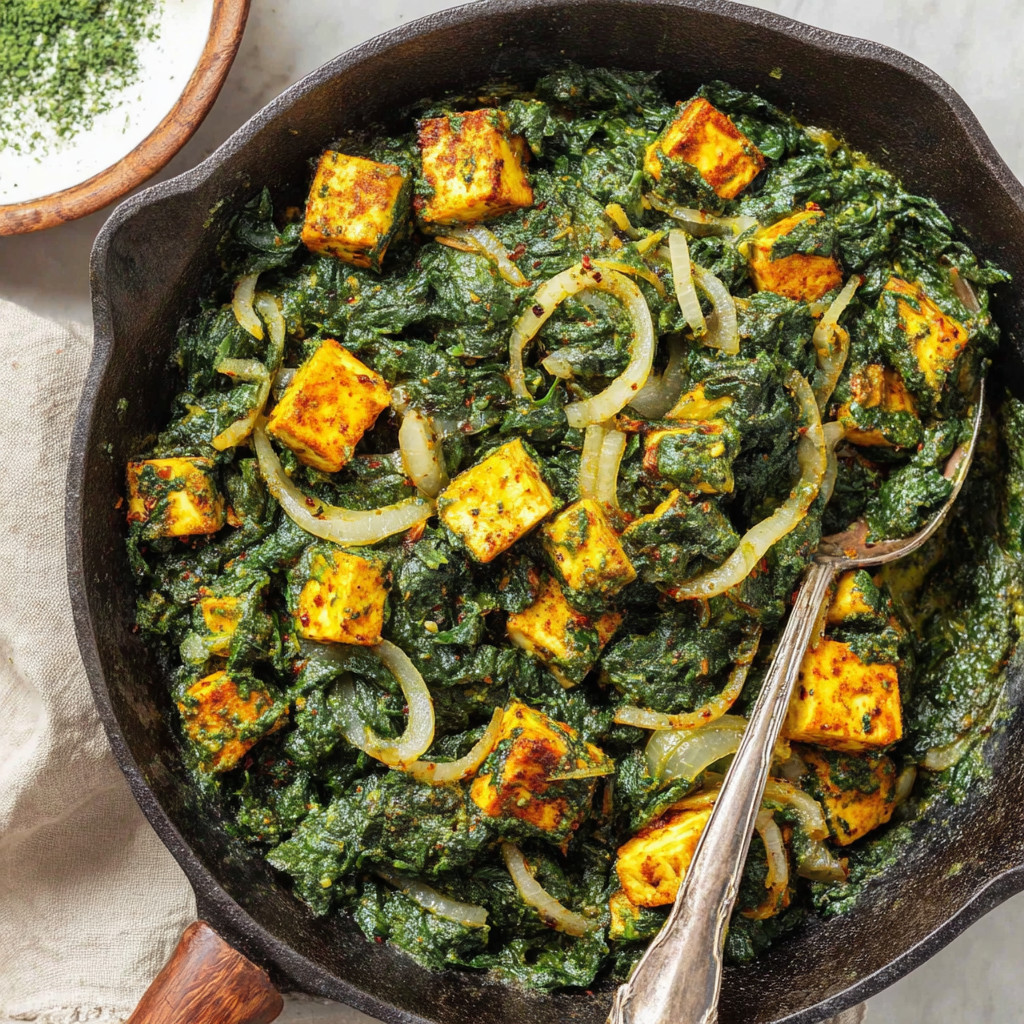 A pan of food with onions and greens.