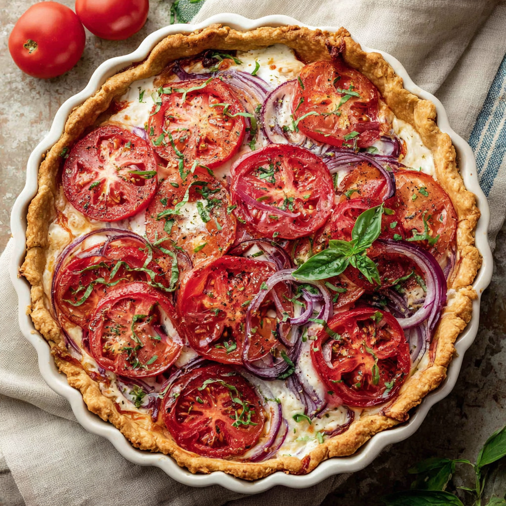A pie with tomatoes and onions.