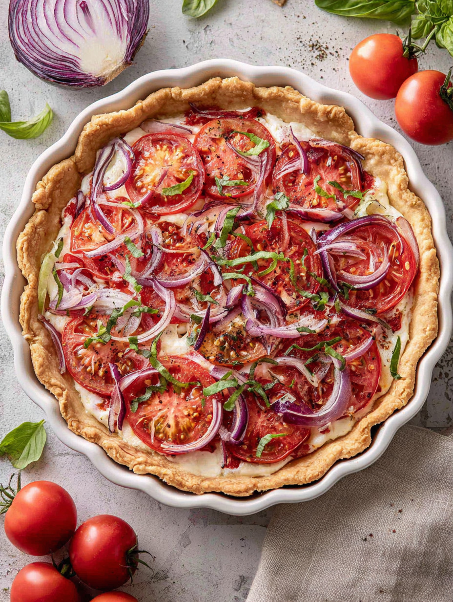 A pizza with tomatoes and onions.