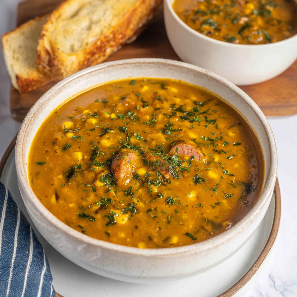 A bowl of soup with a piece of bread on the side.