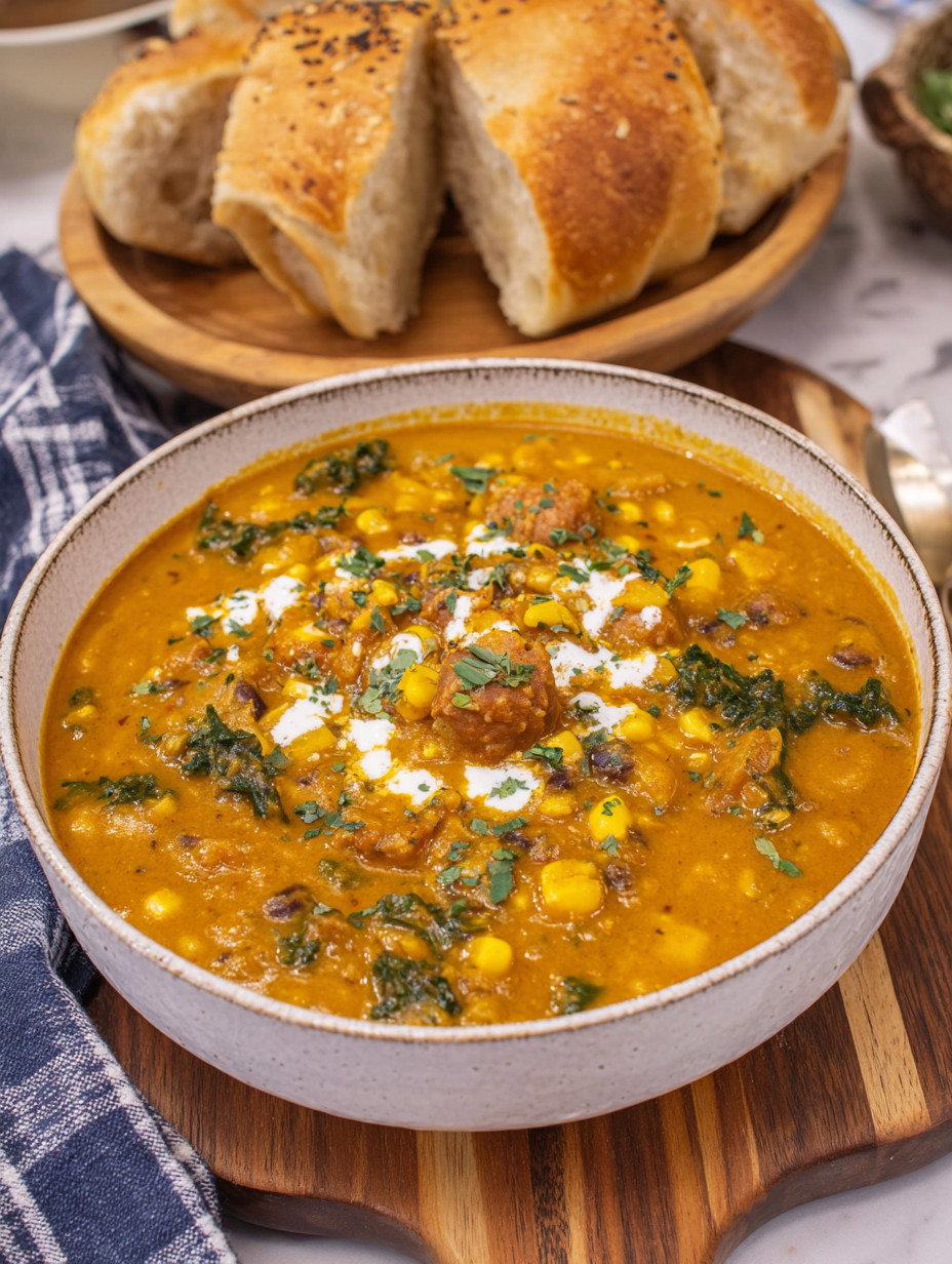 A bowl of soup with corn and cheese.