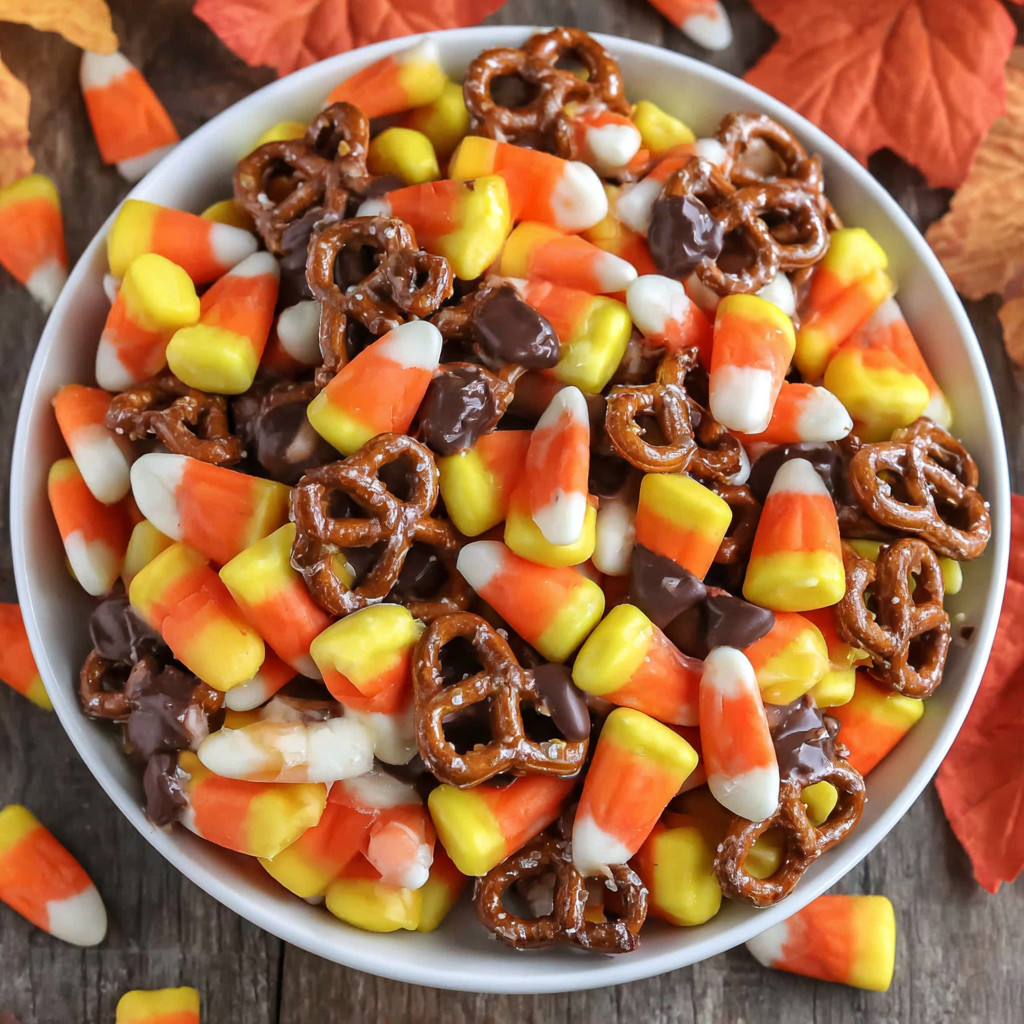A bowl of candy corn and pretzels.
