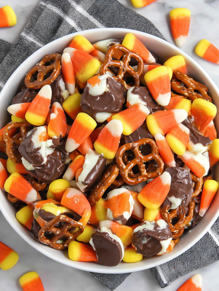A bowl of candy corn and pretzels.
