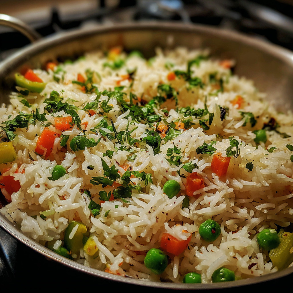 A pan of rice with peas and carrots.