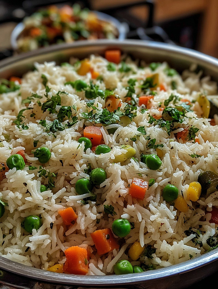 A bowl of rice with peas and carrots.