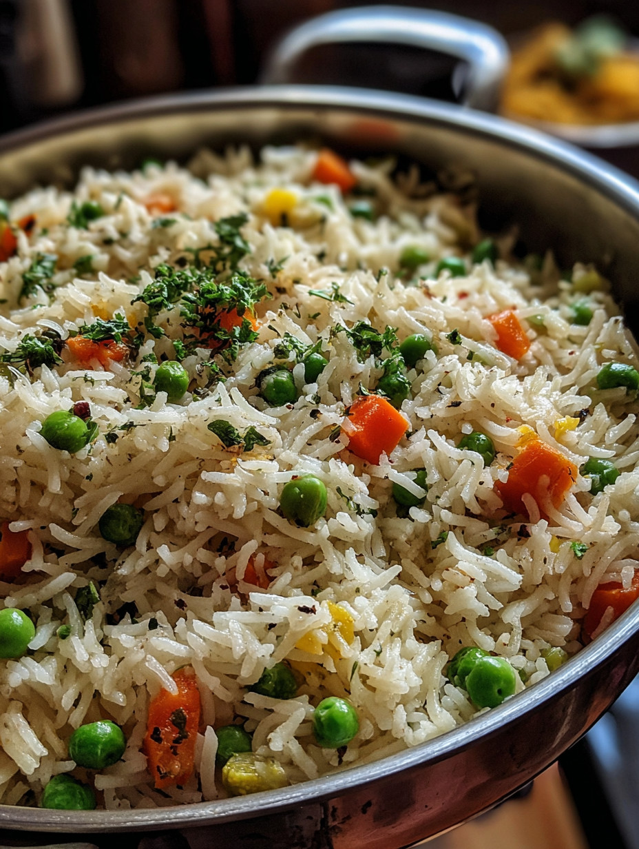 A bowl of rice with peas and carrots.