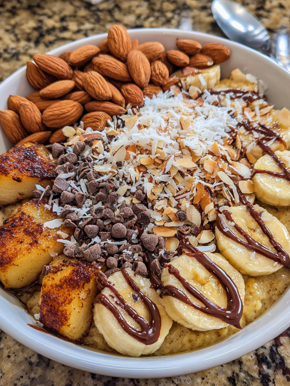 A bowl of food with bananas, almonds, and chocolate.