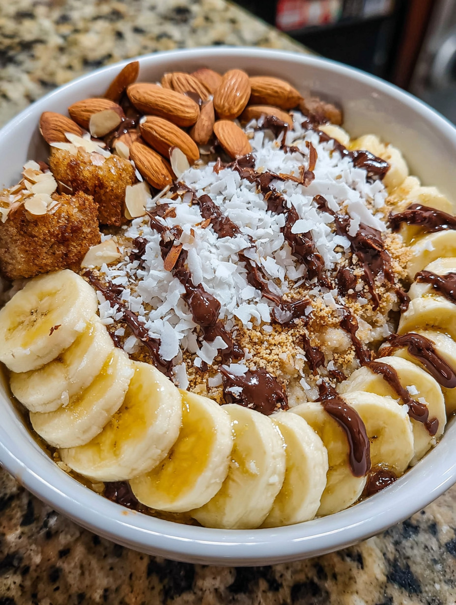 A bowl of fruit with nuts and chocolate sauce.
