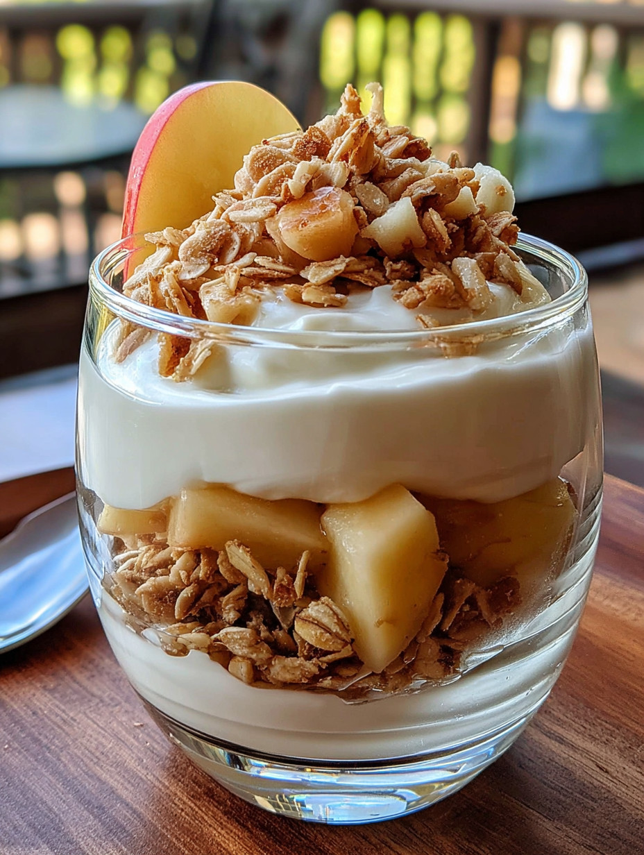 A glass of yogurt with granola and a sliced apple on top.