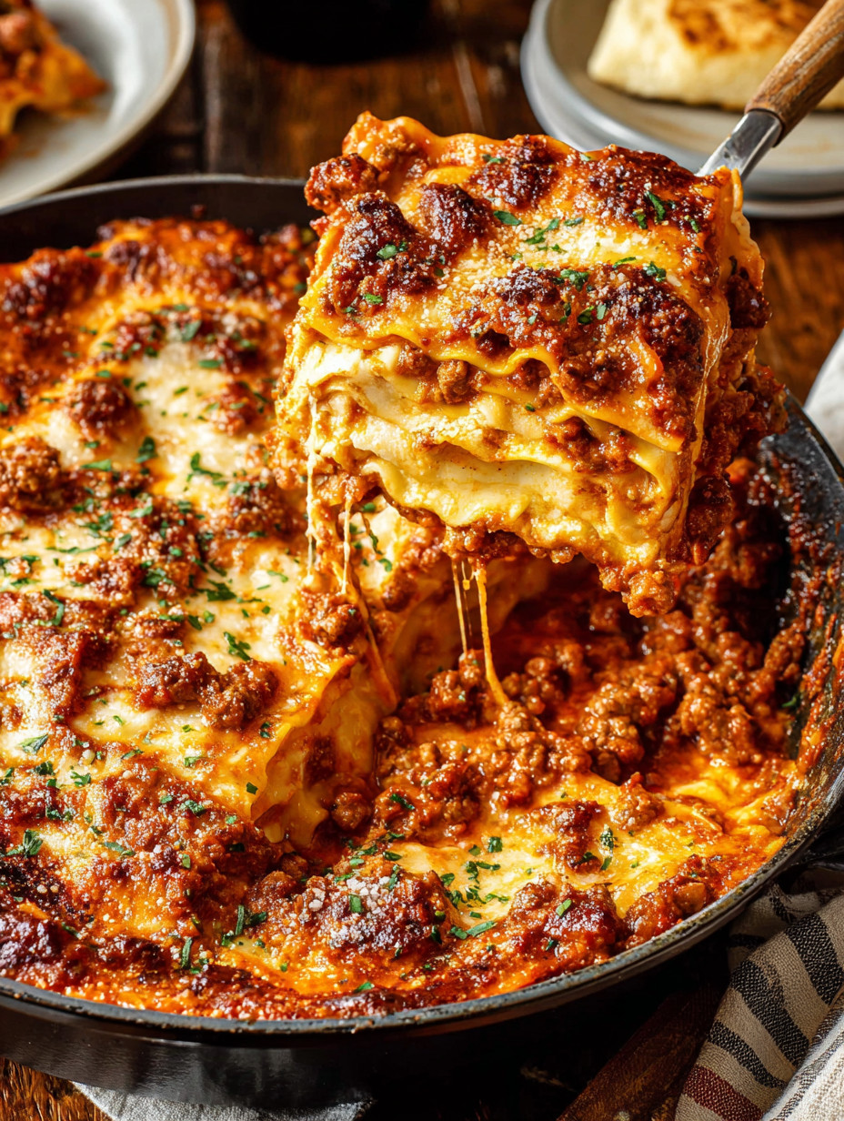 A slice of lasagna with cheese and meat.