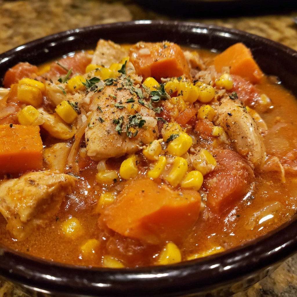 A bowl of chicken and vegetables.