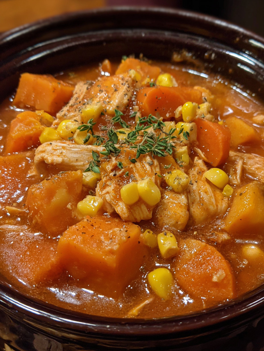 A bowl of soup with chicken, corn, and carrots.