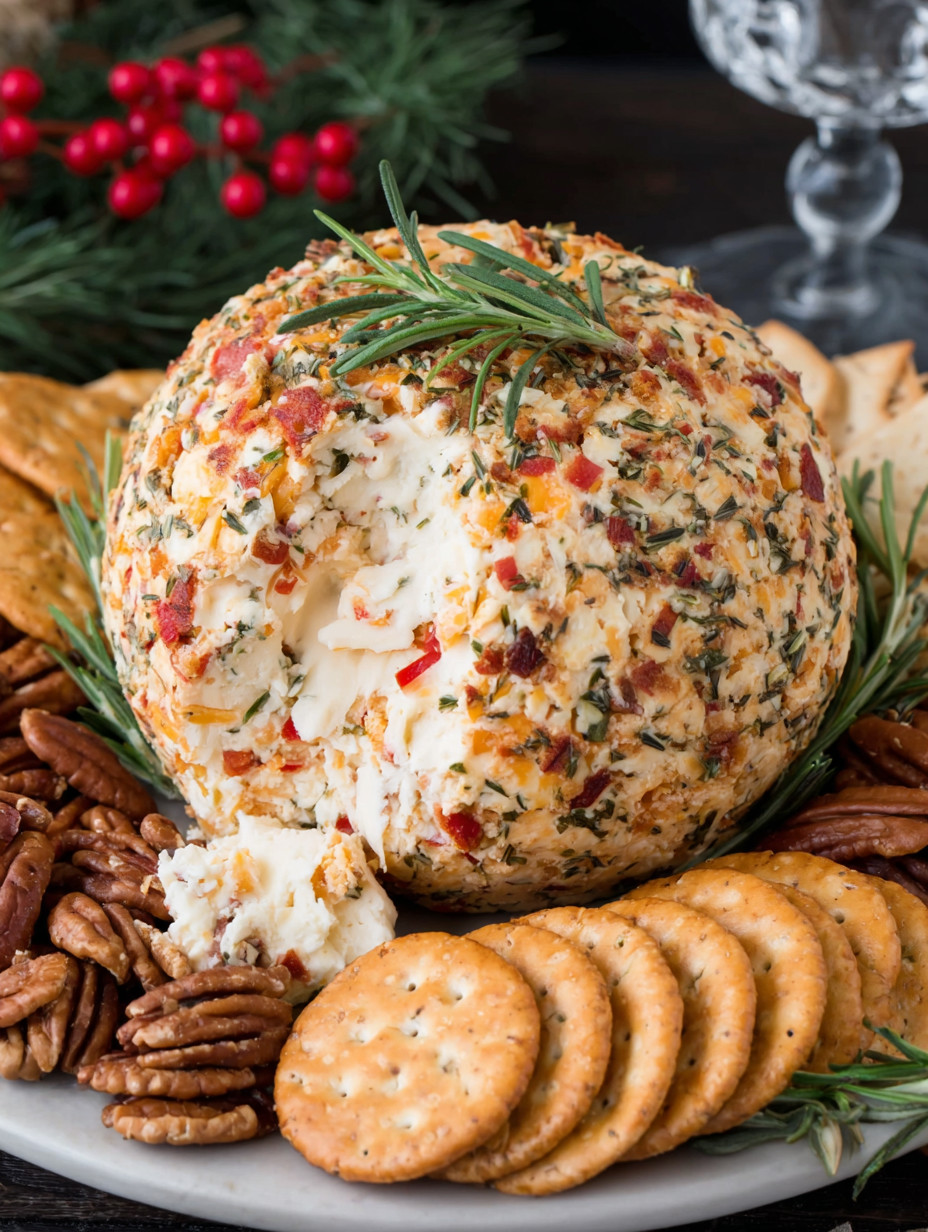 A cheese ball with a sprig of rosemary on top.
