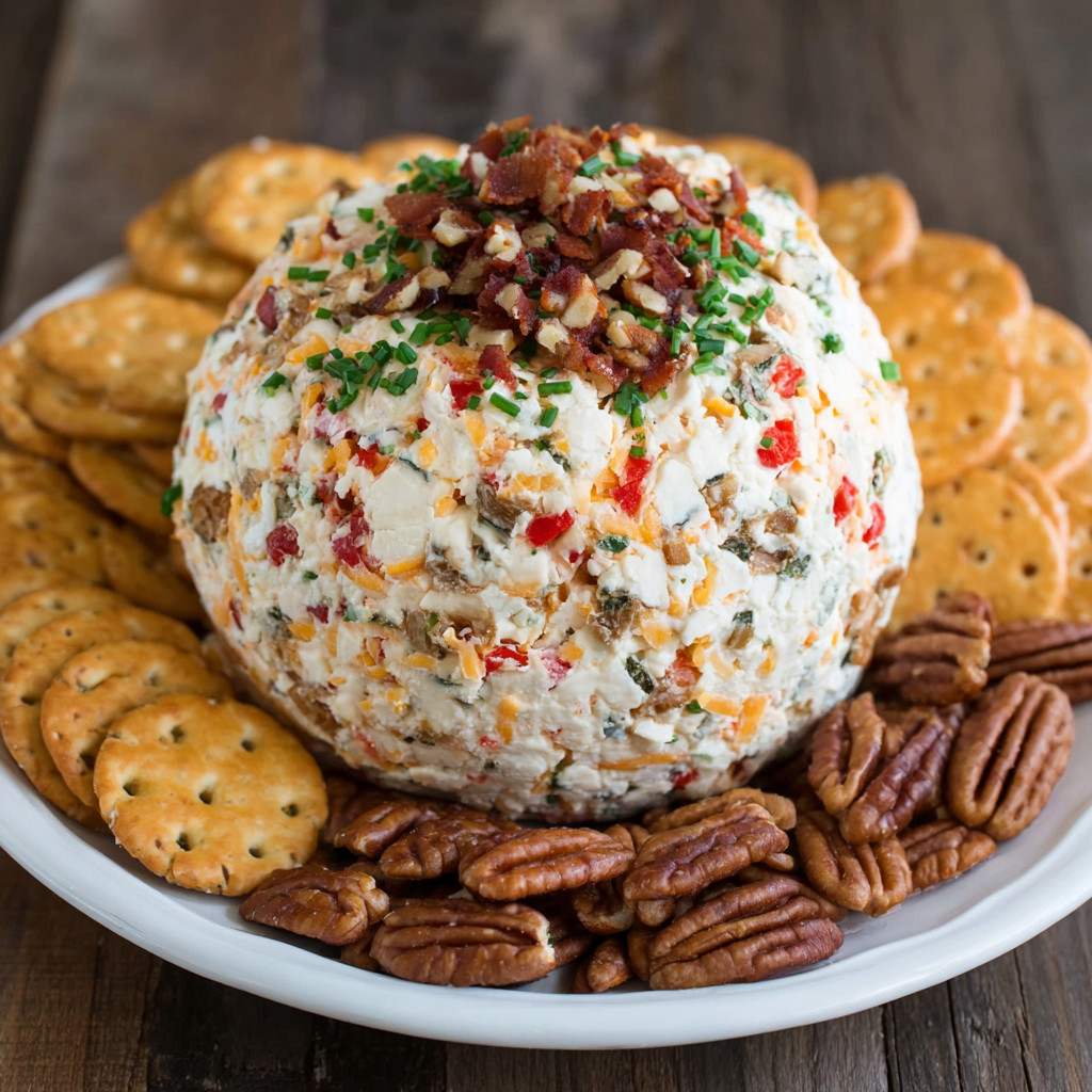 A plate of food with crackers and a cheese ball.
