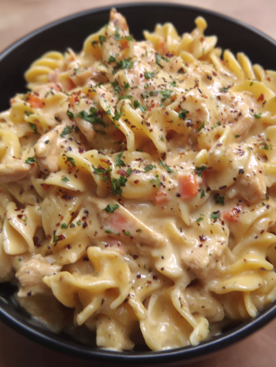 A bowl of pasta with chicken and vegetables.
