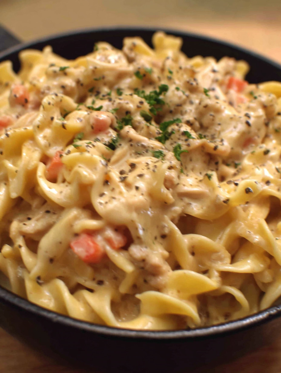 A bowl of pasta with chicken and vegetables.