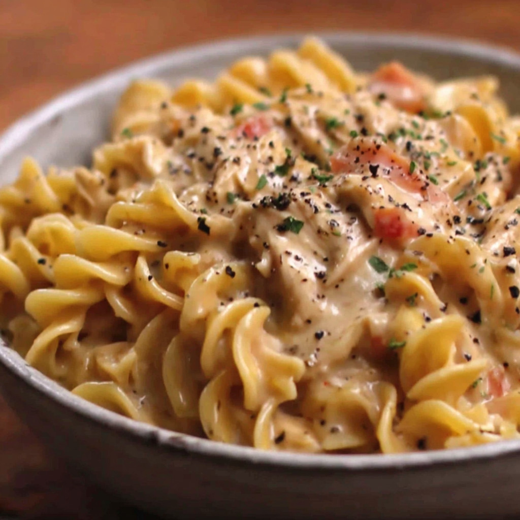 A bowl of pasta with tomatoes and black pepper.