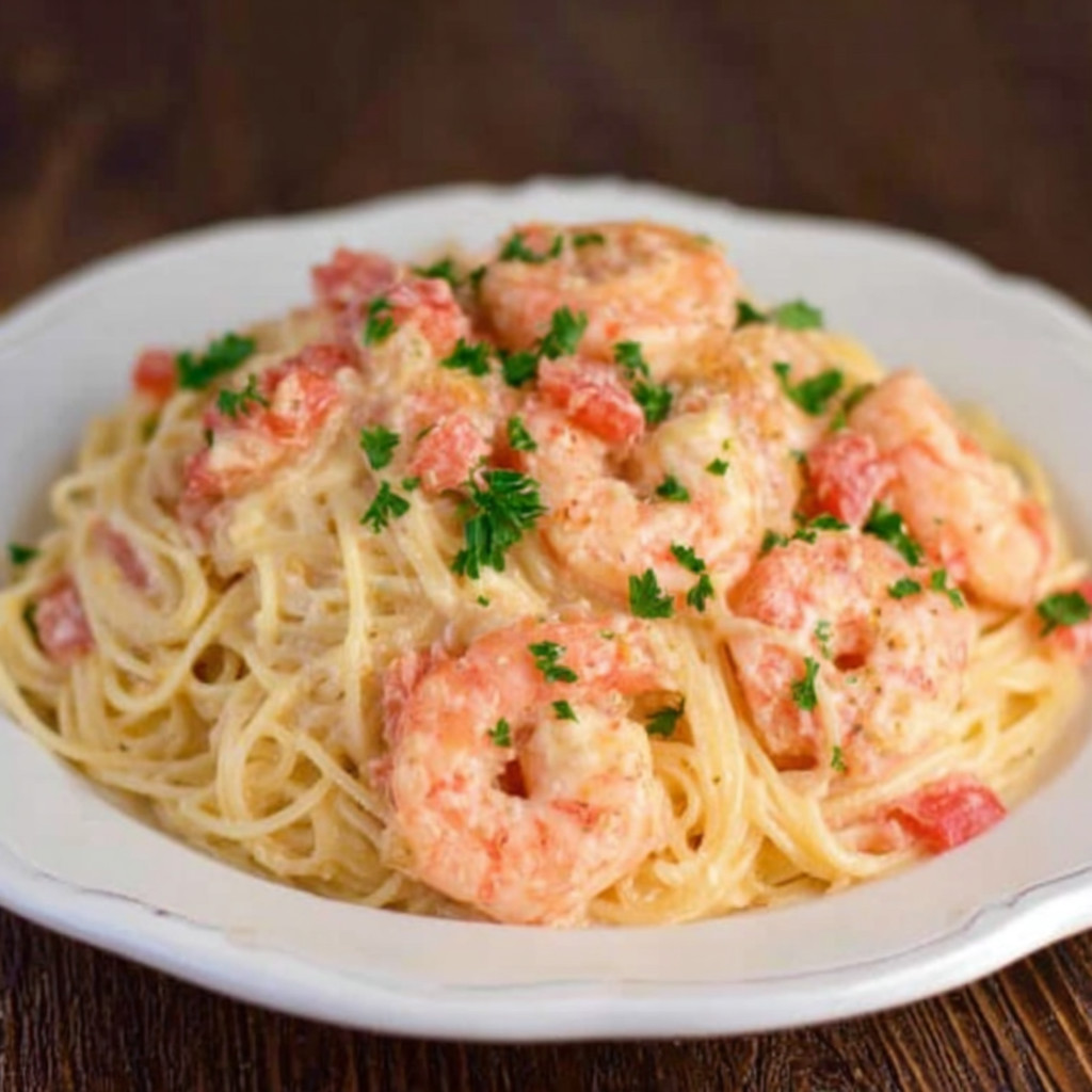 A plate of shrimp and pasta.