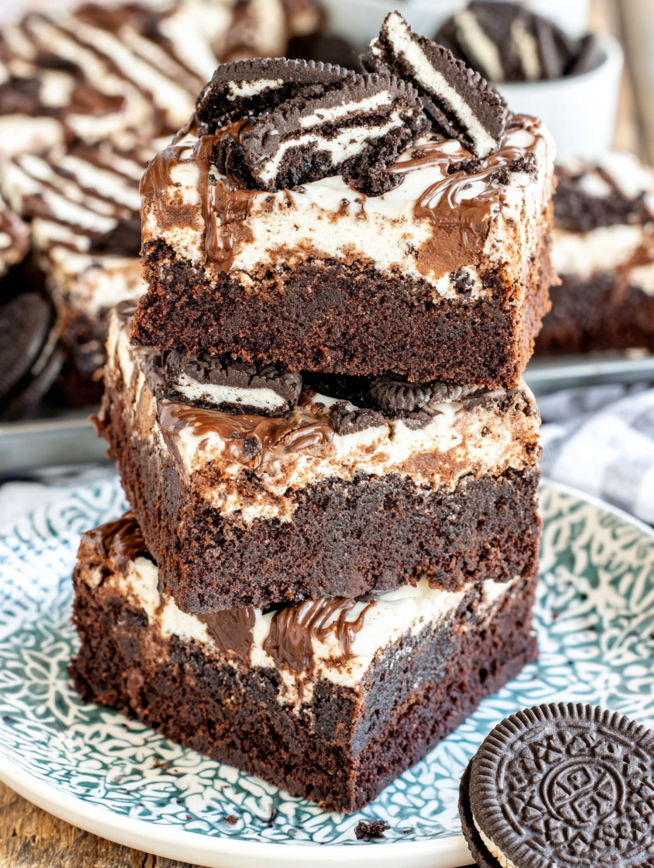 A stack of chocolate cake with white frosting and chocolate drizzle.