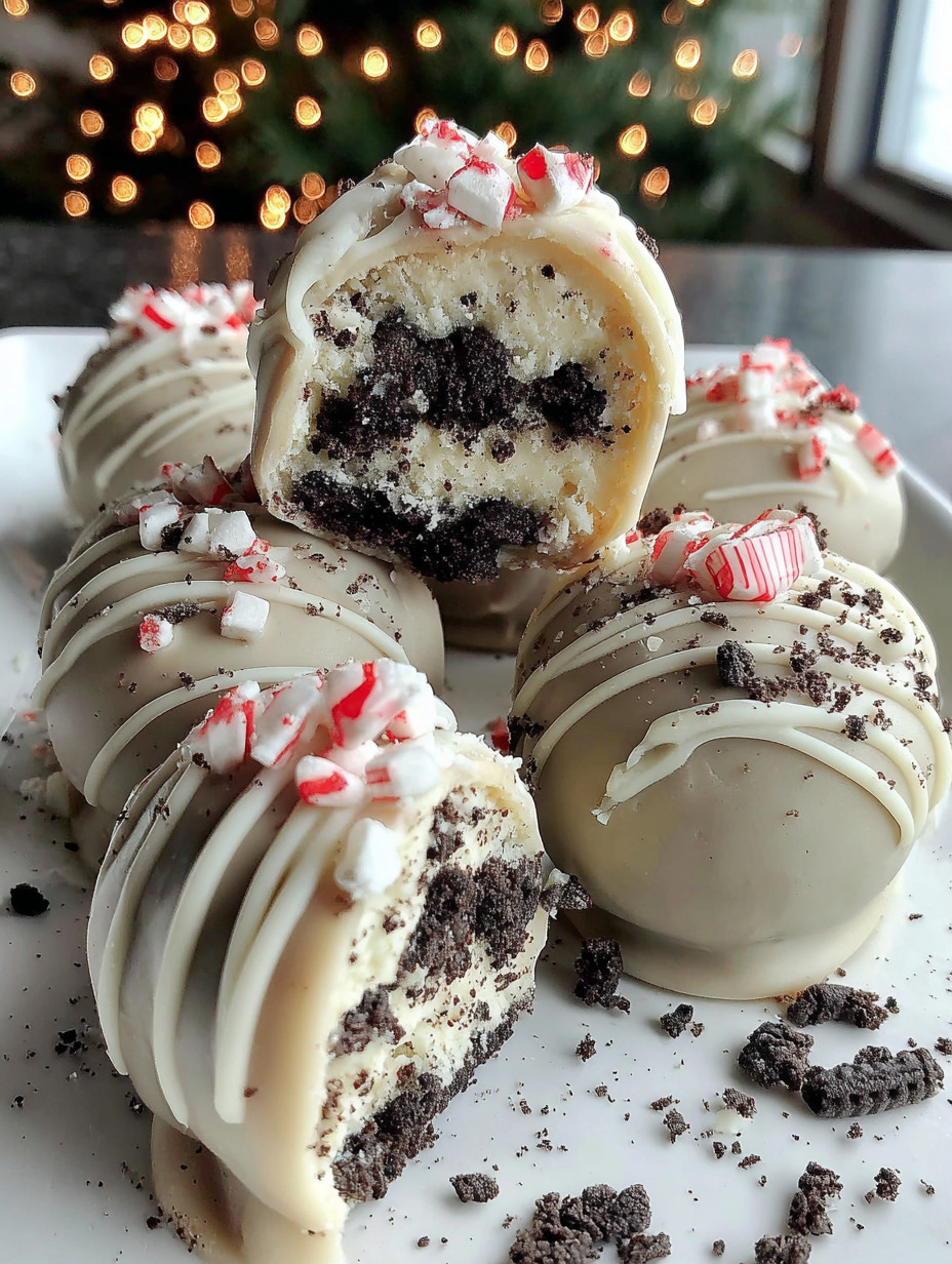A plate of cake balls with white icing and red and green sprinkles.