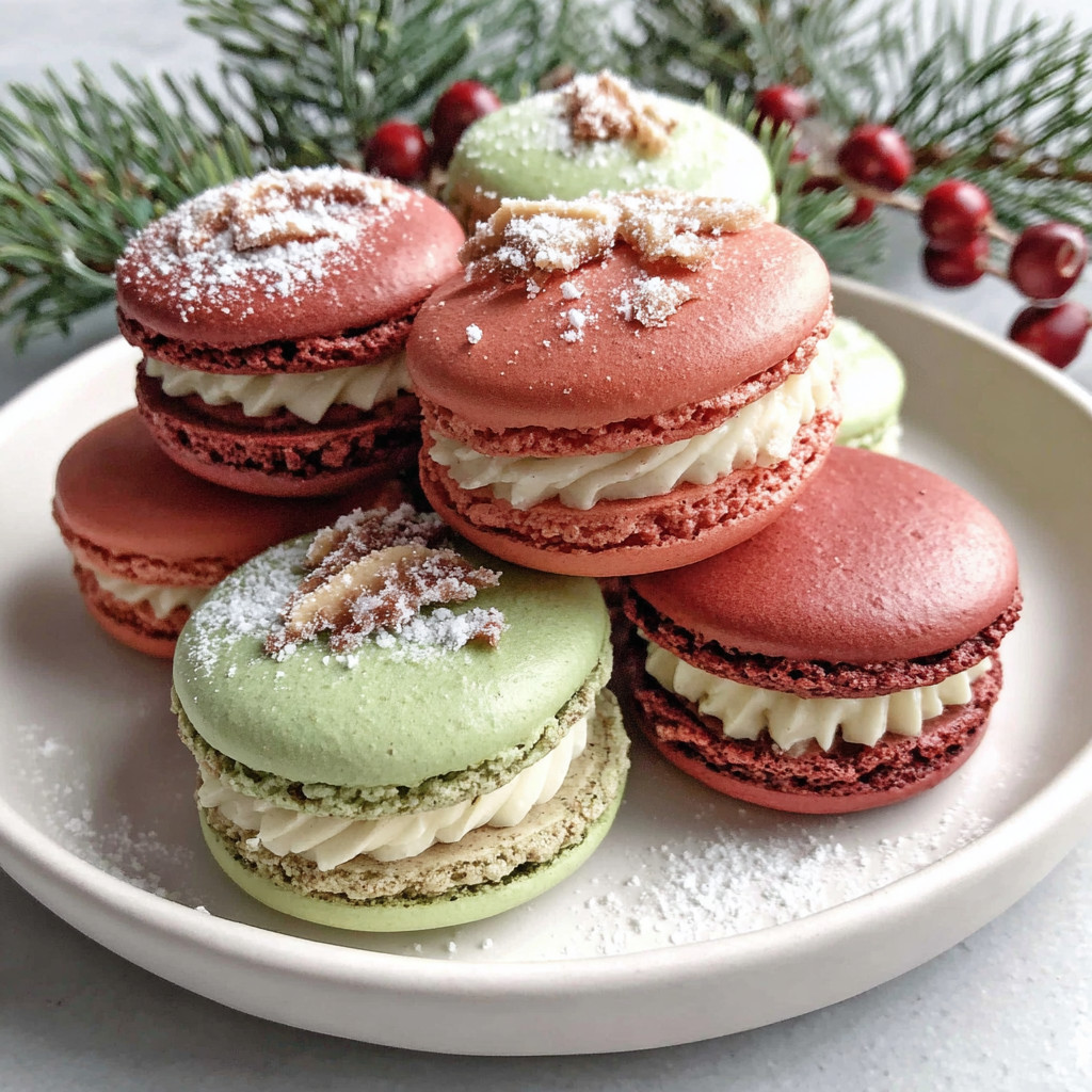 A plate of macaroons with white and red frosting.