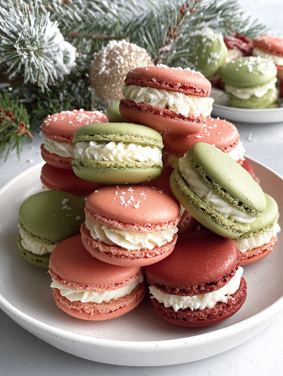 A plate of macaroons with white and red frosting.