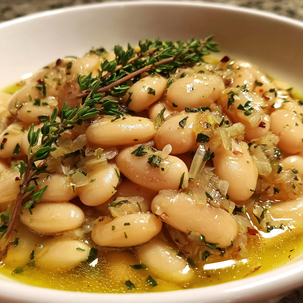 A white bowl filled with beans and herbs.