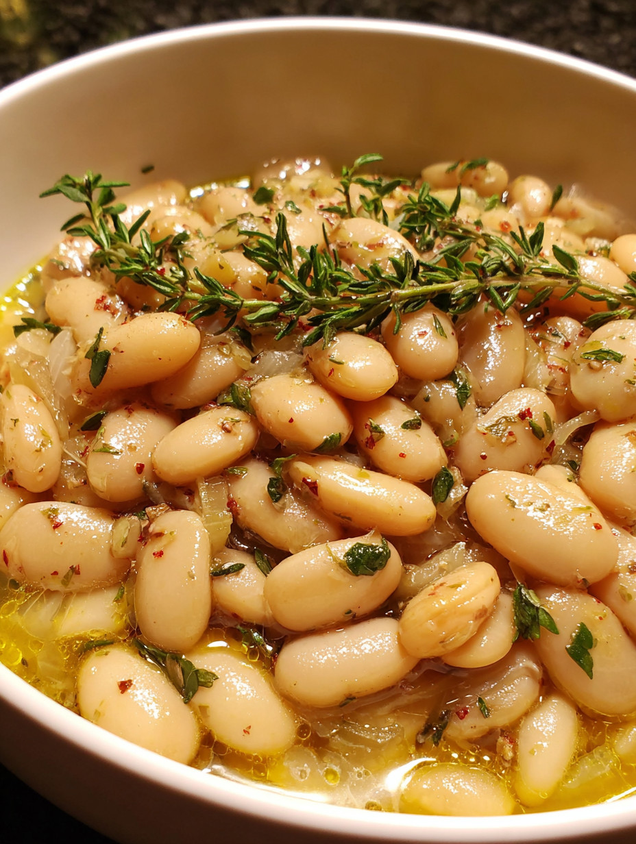 A bowl of beans with herbs and spices.