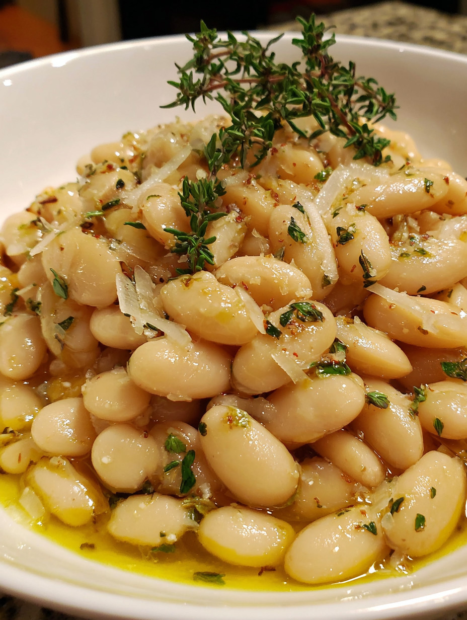 A white bowl filled with beans and herbs.