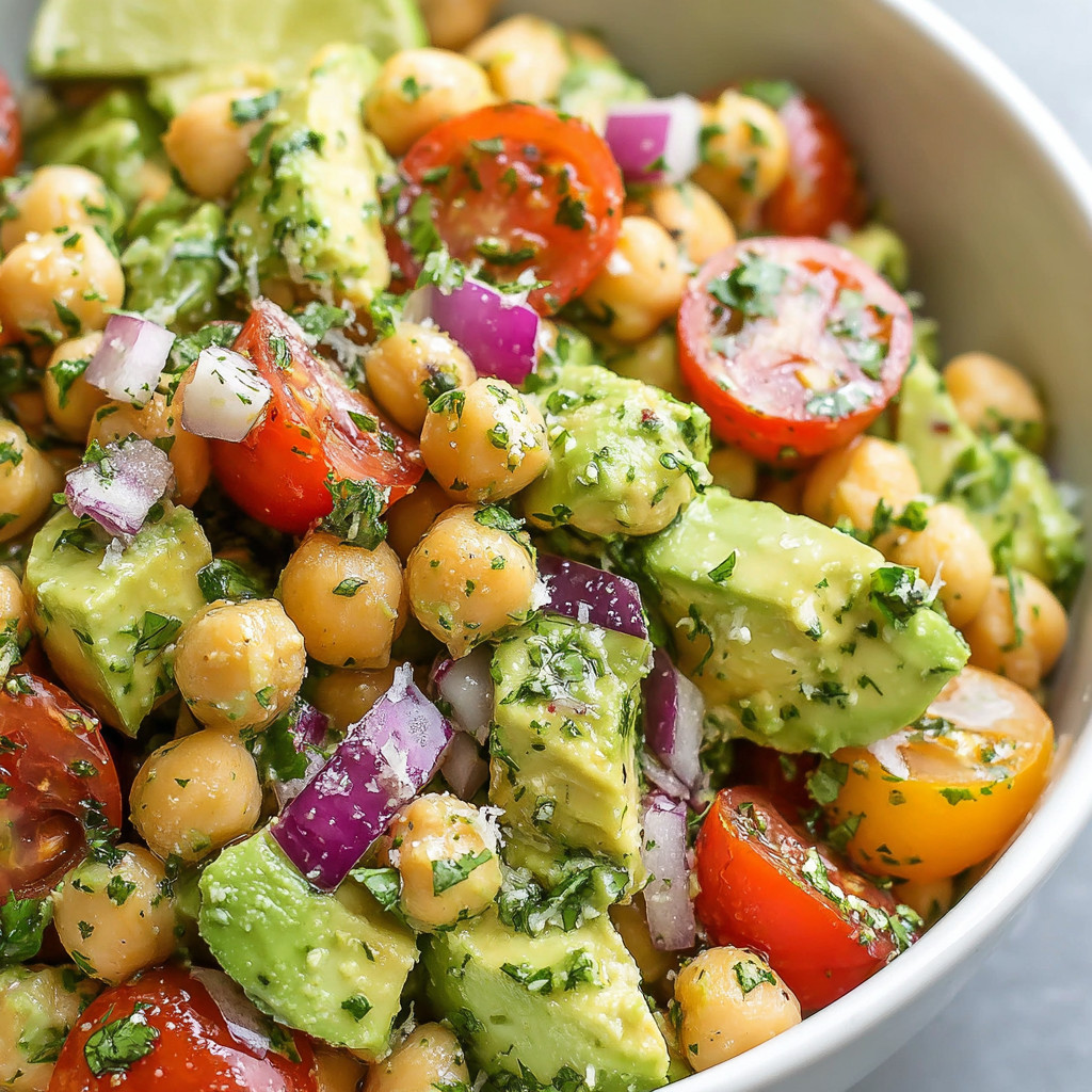A bowl of chickpeas, tomatoes, onions, and avocado.
