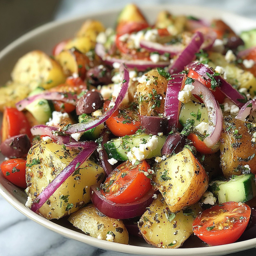 A bowl of vegetables with onions, tomatoes, potatoes, and cucumbers.