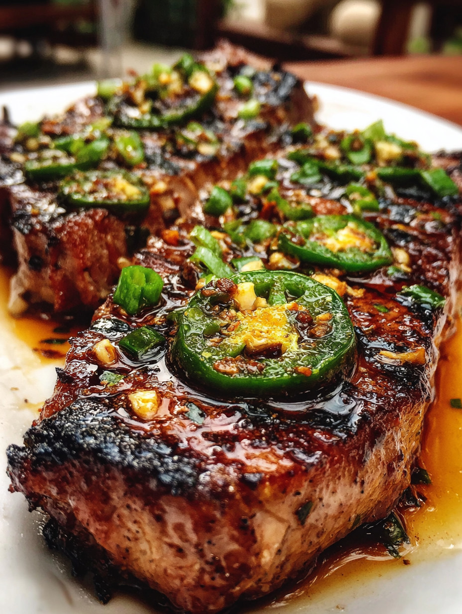 A piece of meat with jalapenos on it.