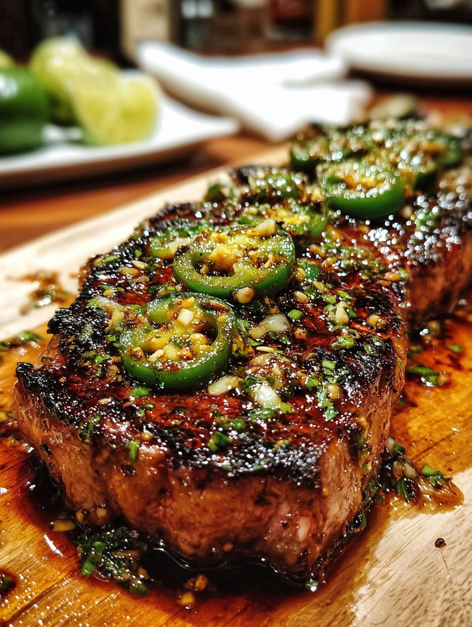 A piece of meat with jalapenos on it.