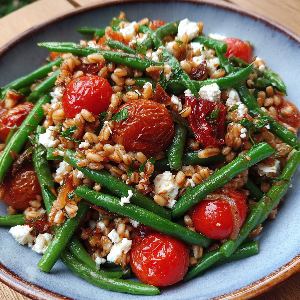 A plate of food with tomatoes, green beans, and rice.