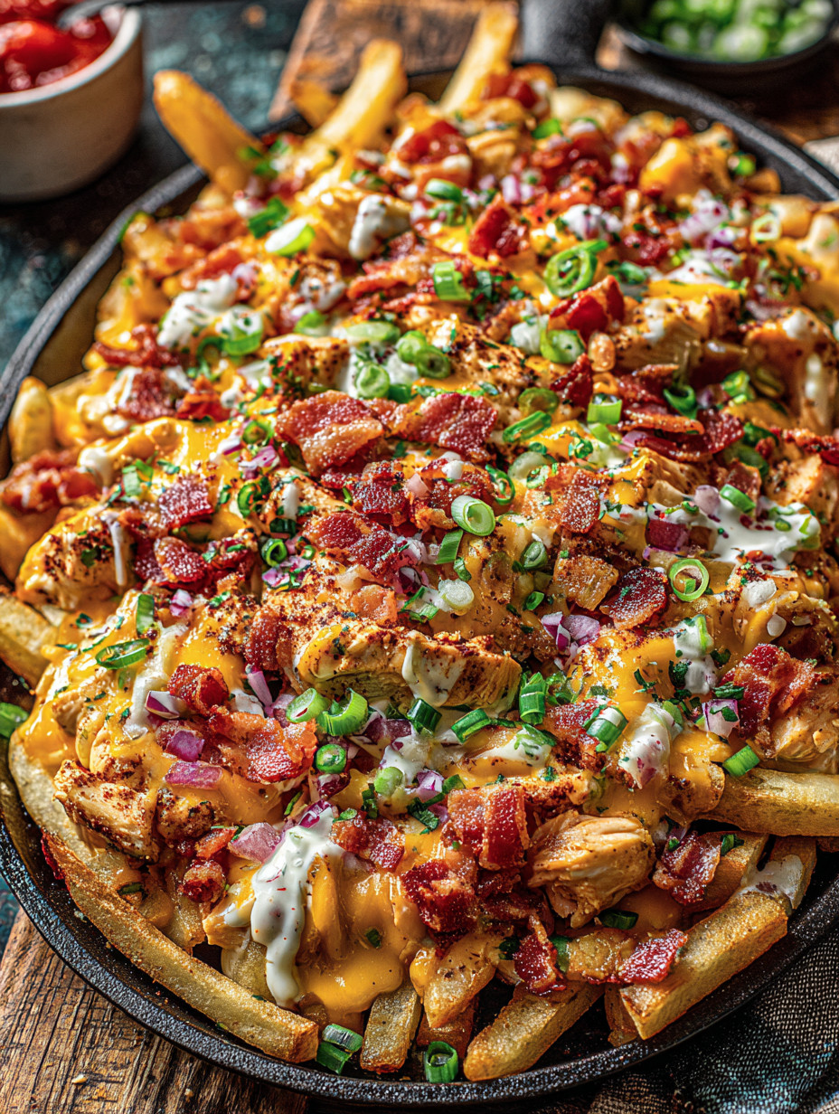 A close up of a delicious bacon and cheese covered chicken dish.