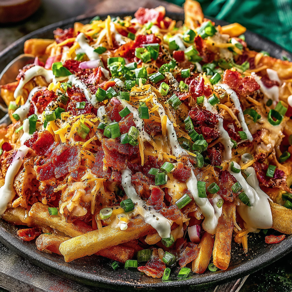 A plate of food with cheese and bacon on top.