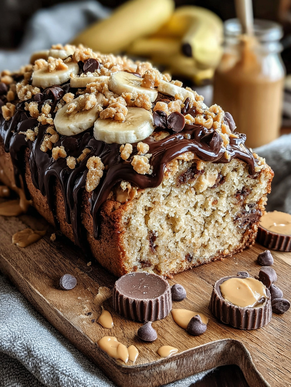 A slice of banana bread with chocolate drizzled on top.