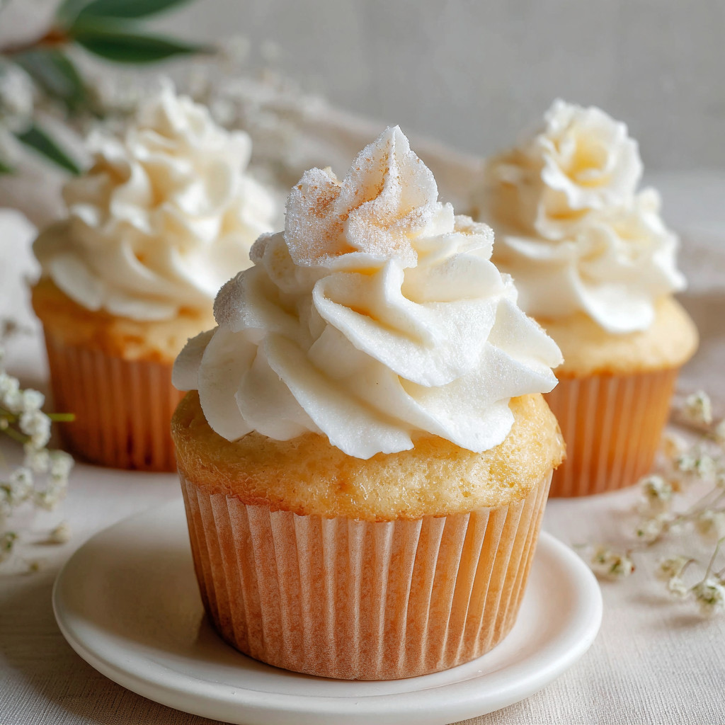 Two cupcakes with white frosting and sprinkles.
